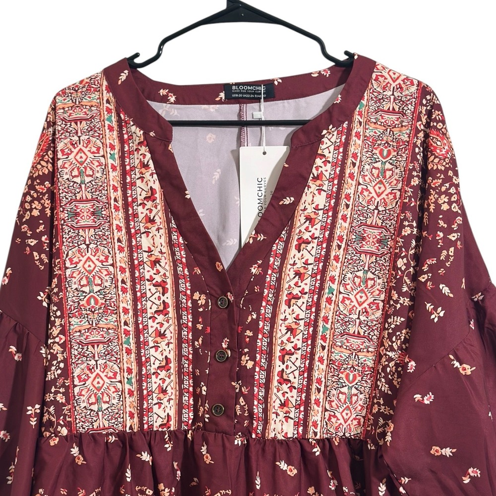 BloomChic Burgundy Boho Floral Babydoll Tunic Top Puff Sleeve Plus SZ 18-20 NWT - Picture 4 of 8
